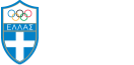 Comité Olímpico Helénico (Emblema Oficial) Emblema oficial del Comité Olímpico Helénico (HOC) en forma de escudo azul, con los cinco anillos olímpicos de colores en la parte superior, el texto en griego 'ΕΛΛΑΣ' (HELLAS) en azul, y la bandera griega (cruz blanca) en la base.